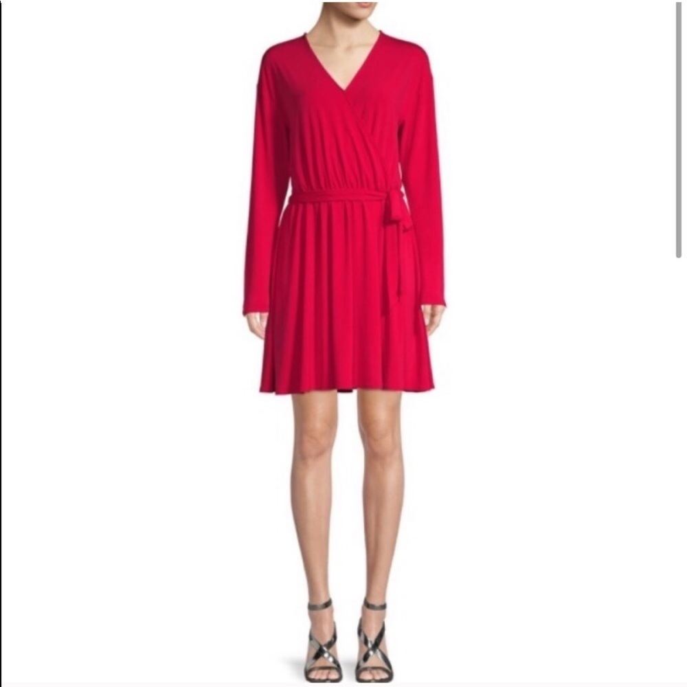 H by Halston Faux Wrap Dress Red Small Long Sleeve Surplice A Line Stretch Midi